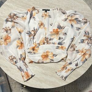 Papaya Cream Wrap Smocked Crop Blouse